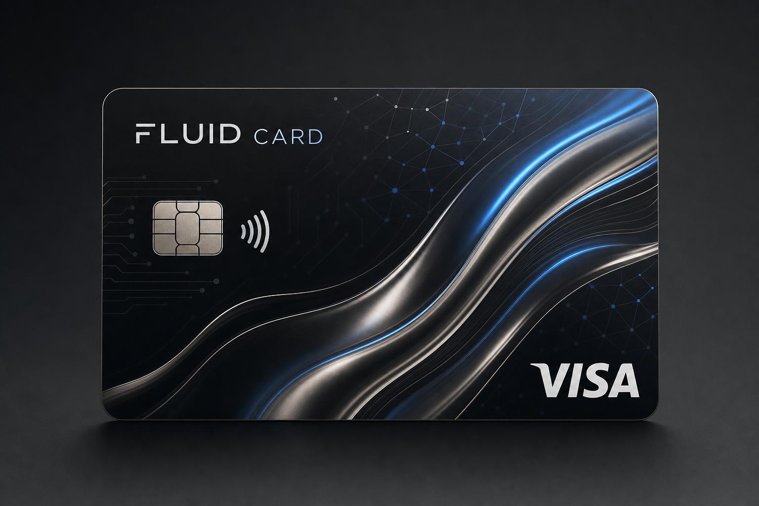青とシルバーの流体デザインをまとったFLUID CARDのクレジットカード
